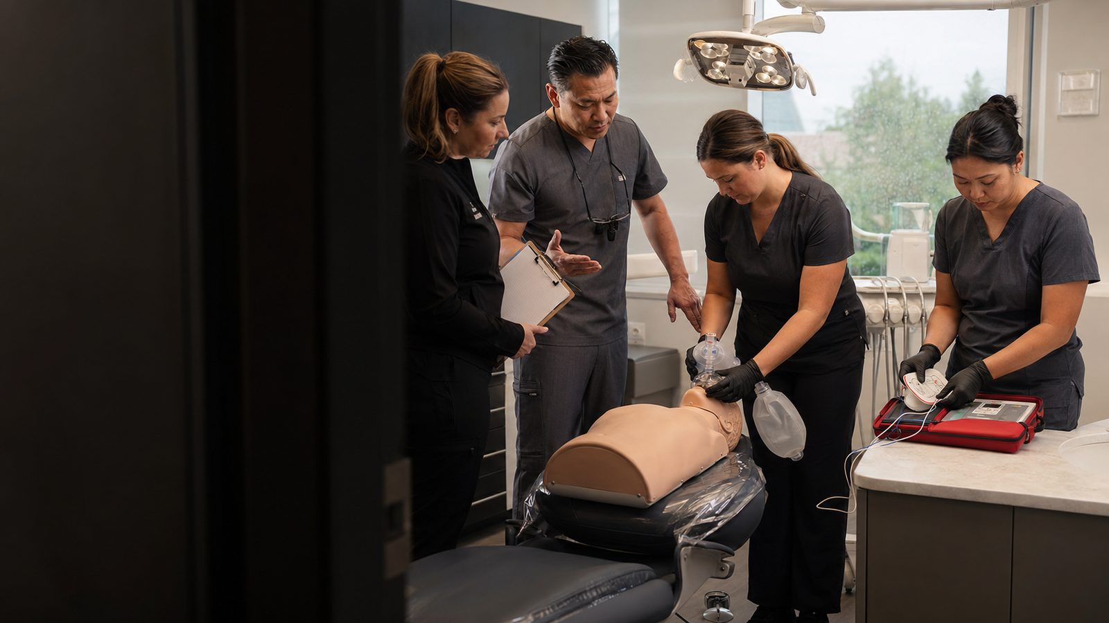 Dental team rehearsing an emergency response with a training manikin, bag-mask device, and AED trainer in a treatment room.