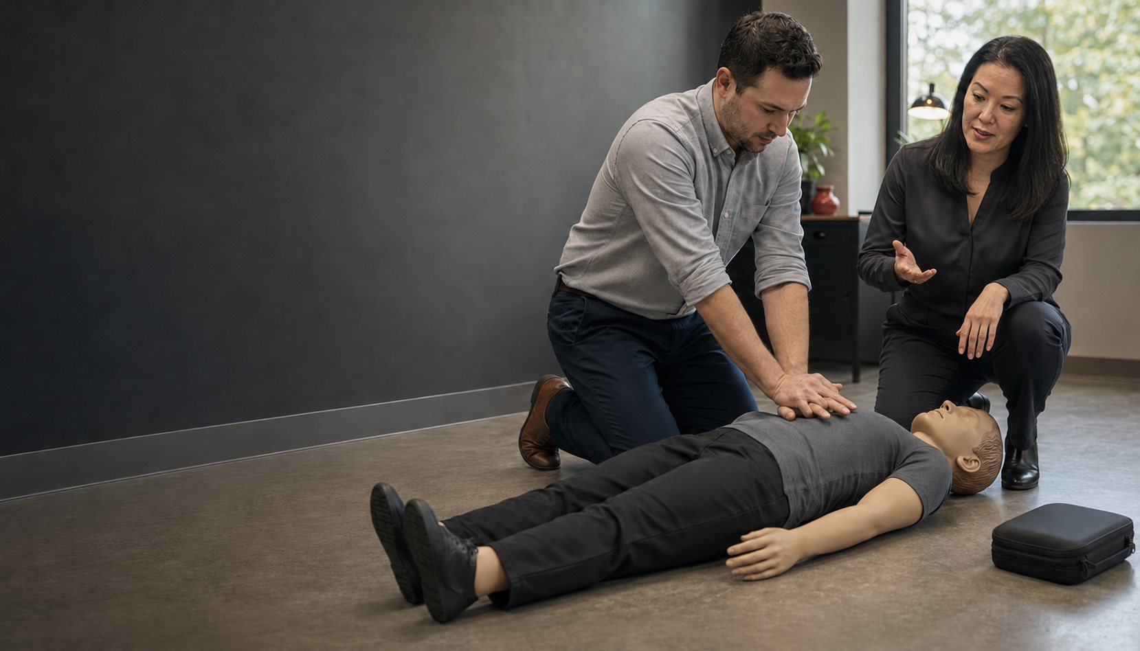 Instructor coaching a participant performing CPR on a clothed full-body training manikin.