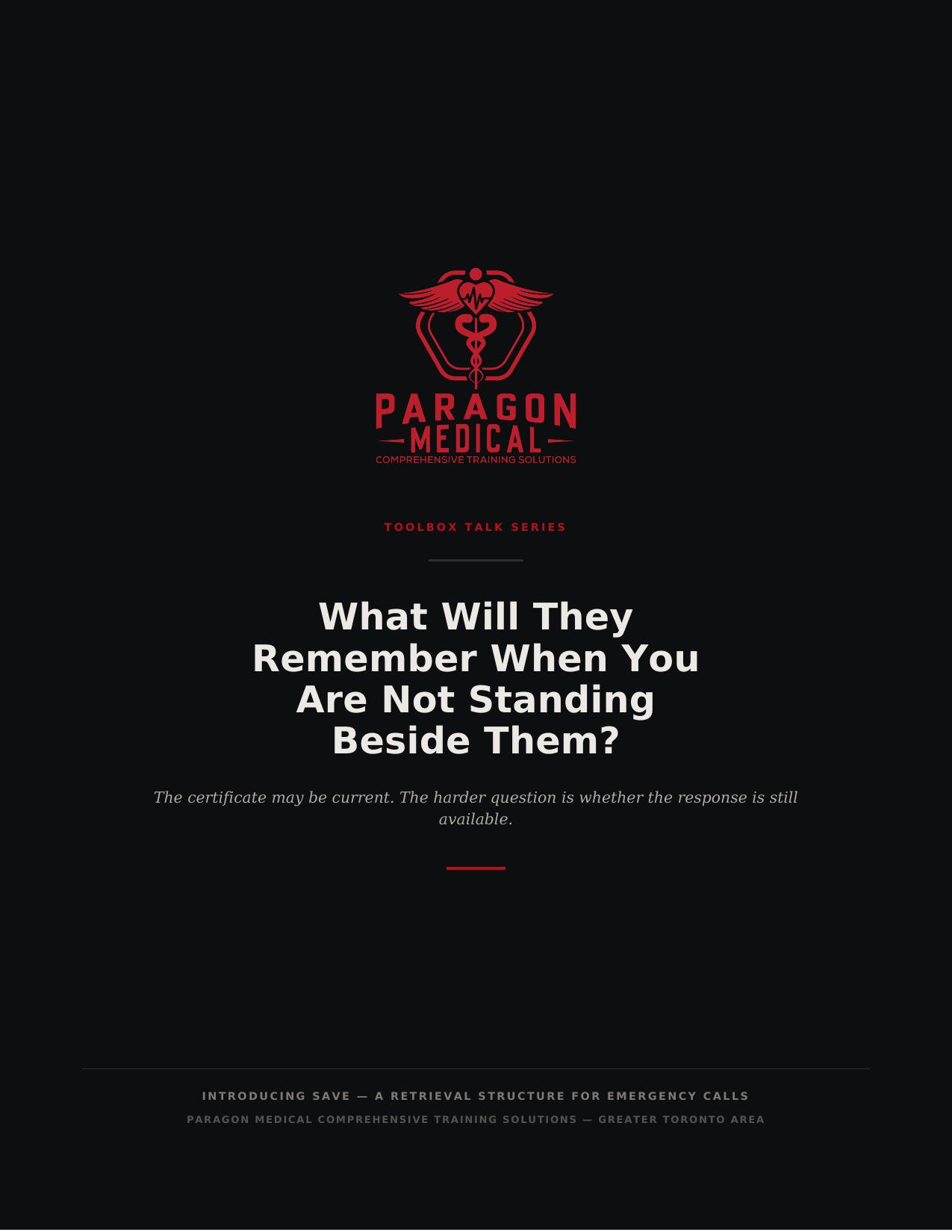 Cover of the Paragon Medical SAVE toolbox talk, with the Paragon Medical crest on a dark background above the talk title.