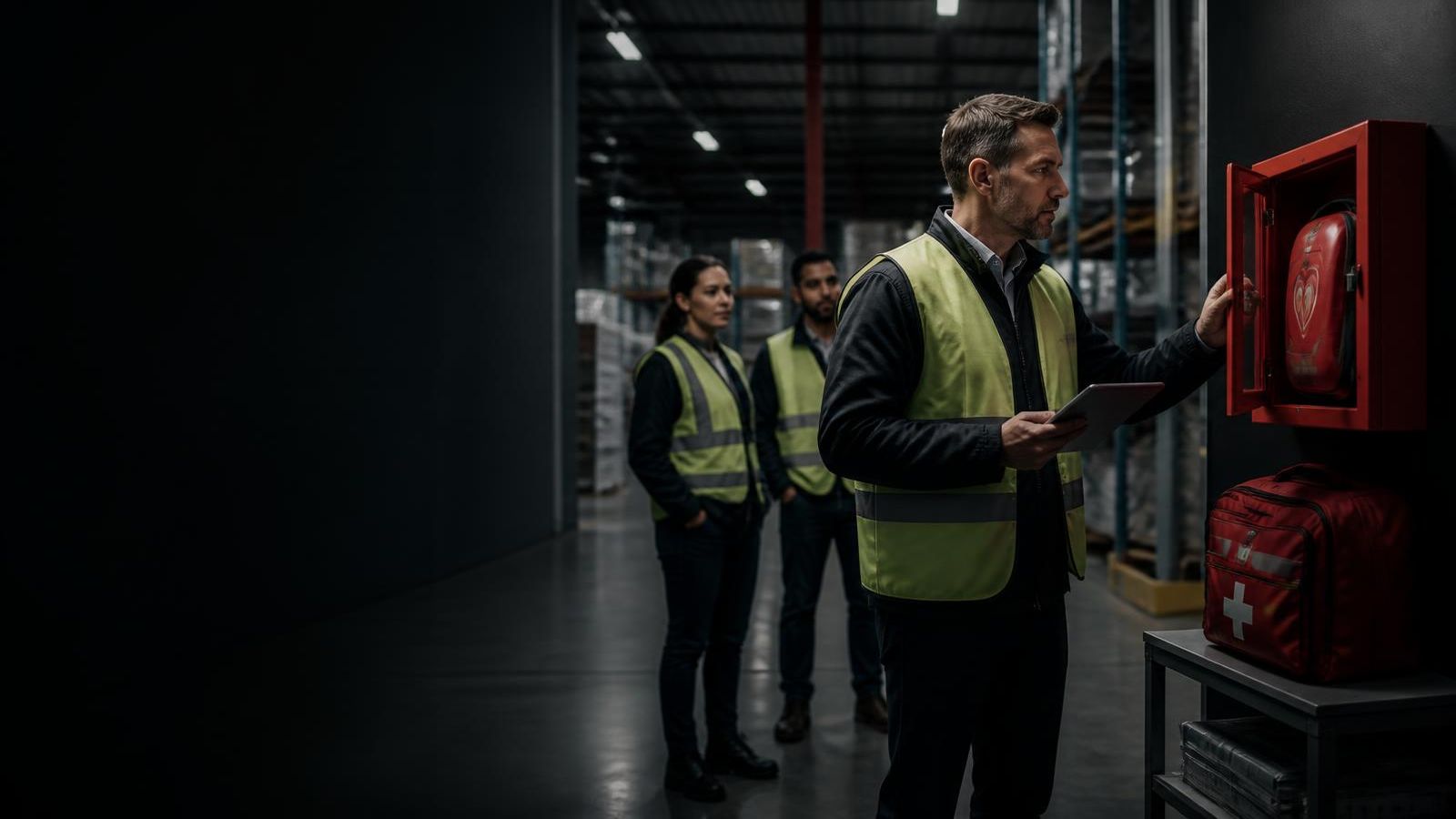 Workplace safety coordinator reviewing an AED cabinet and first aid supplies at a distribution facility while staff look on.