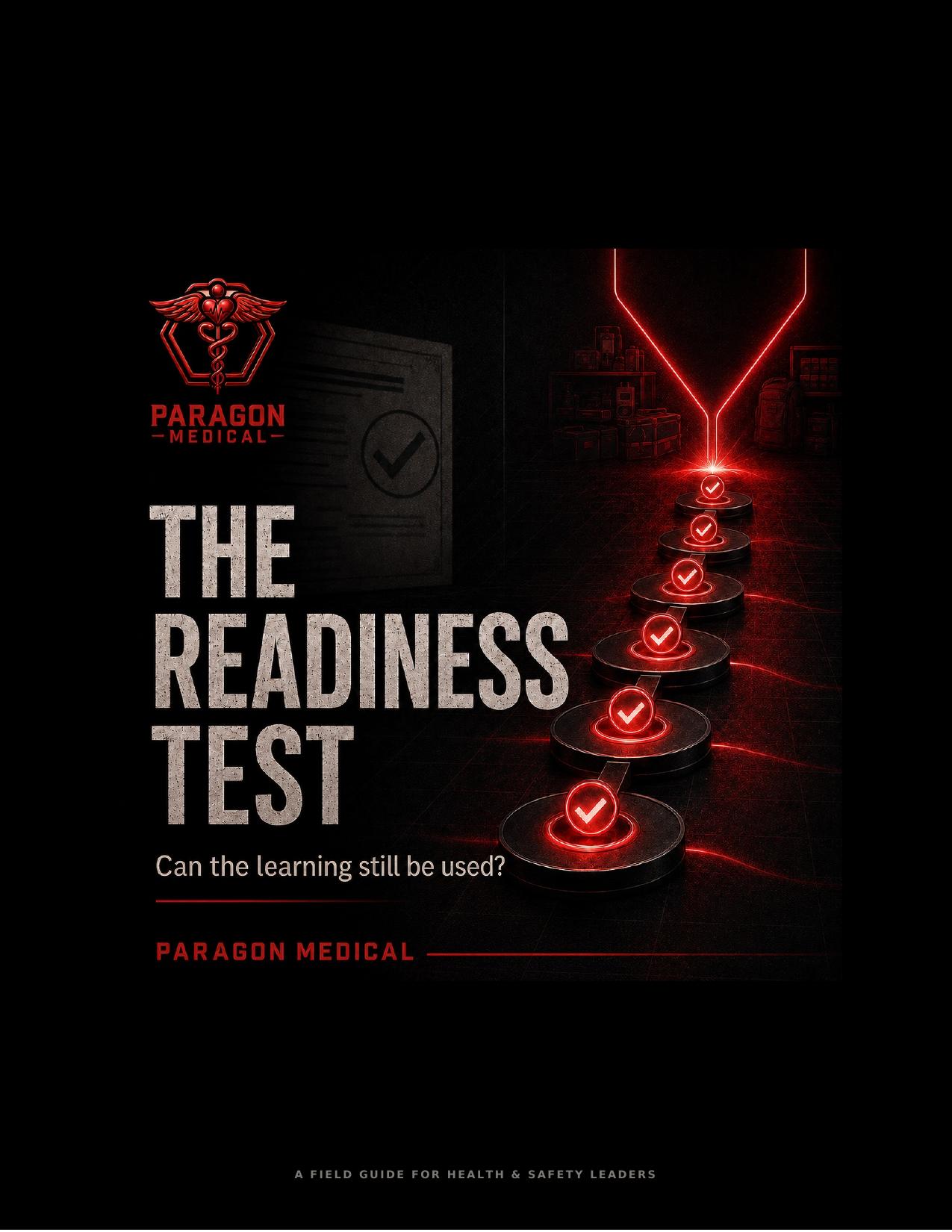 Cover of The Readiness Test field guide by Paragon Medical, showing six illuminated checkpoints along a dark corridor.