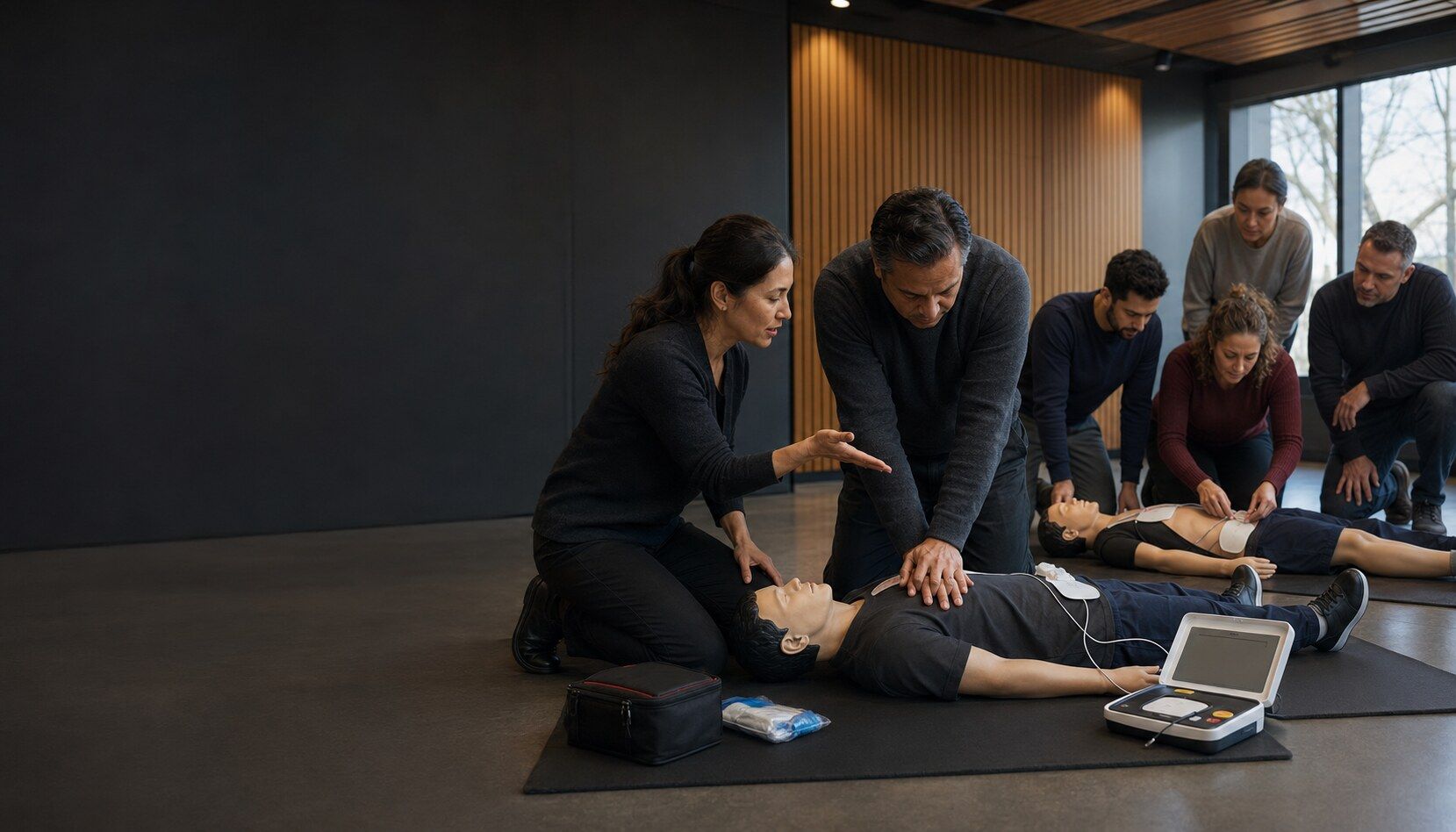 Instructor coaching a private group practising CPR on training manikins with an AED trainer.